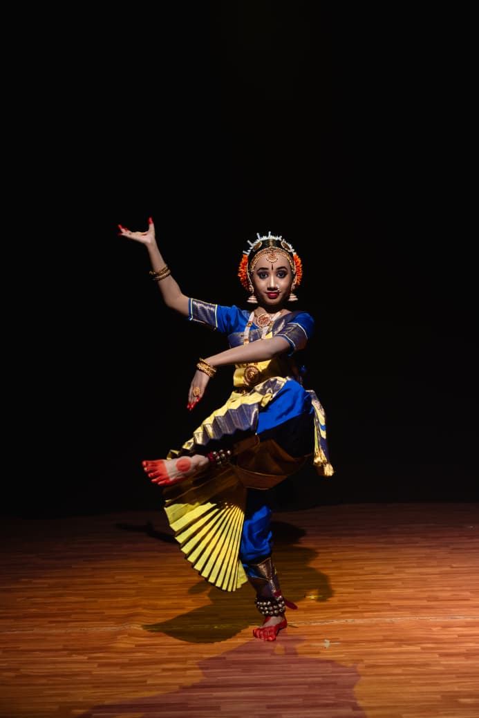 Kuchipudi advanced student performing a dynamic stage pose