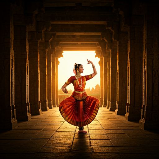 Bharatanatyam dancer performing within warm temple architecture