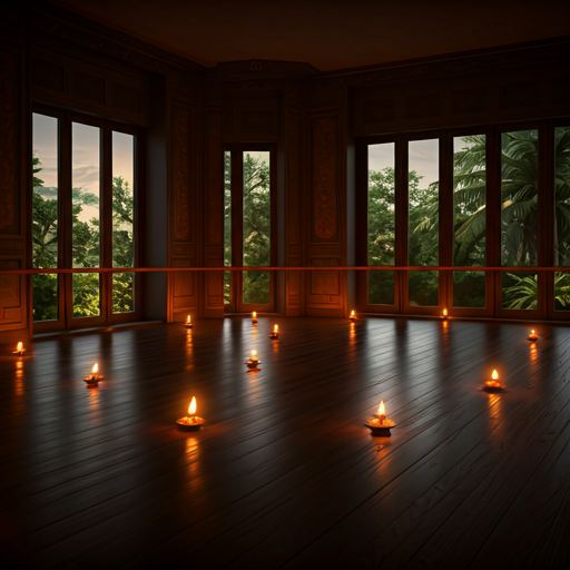 Warm traditional dance studio illuminated in the evening